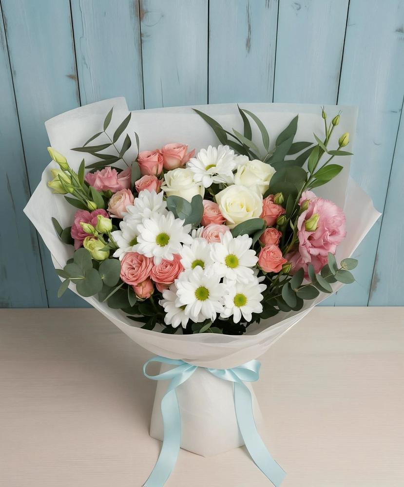 Букет цветов из: Розы, Лизиантусы и Хризантемы в село Овощи