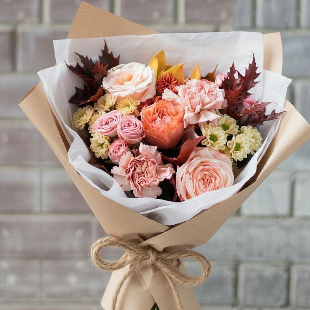 Букет цветов из: Гвоздики, Хризантемы и Розы в село Овощи