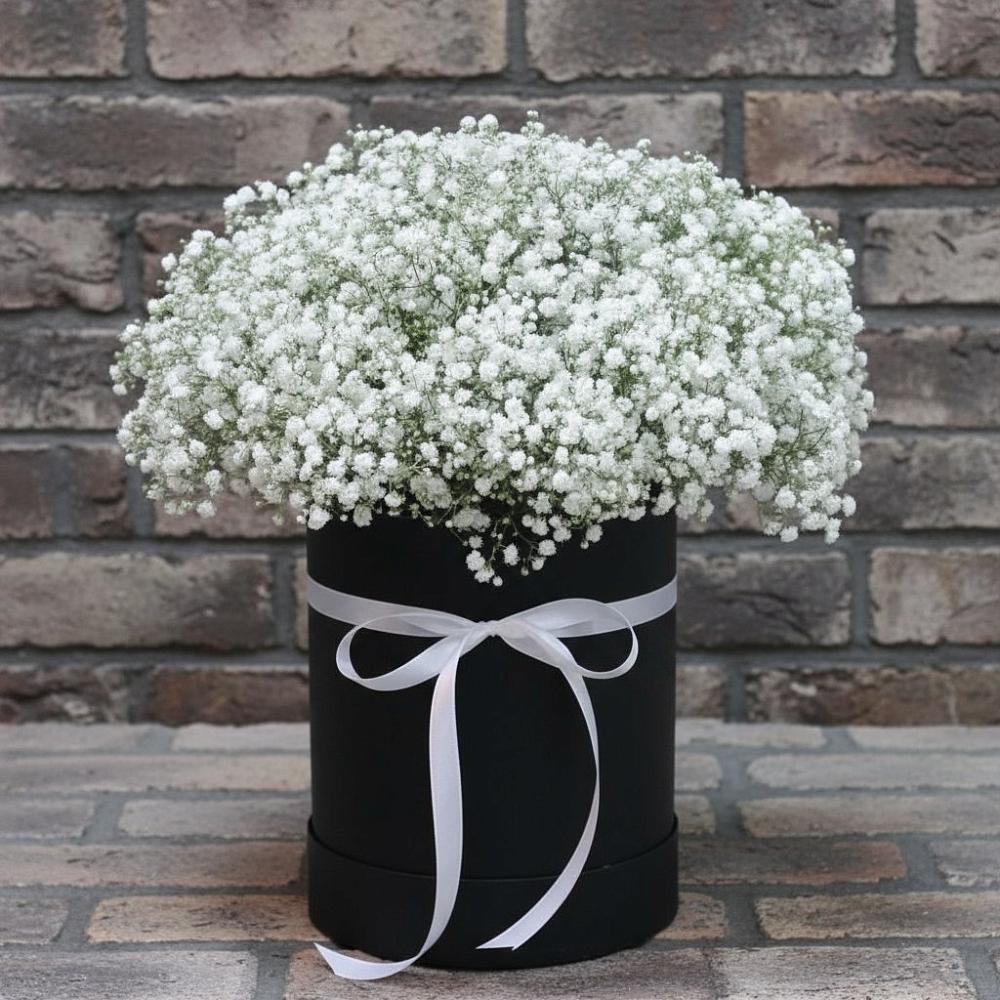 Цветочная композиция из Гипсофила в шляпной коробке в село Овощи