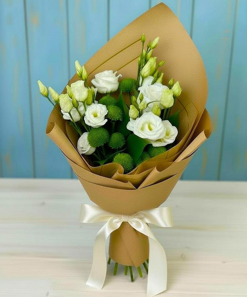 Букет цветов из: Хризантемы и Лизиантусы в село Овощи