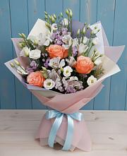 Букет цветов из:  Лизиантусы, Розы, Альстромерии и Гипсофила в село Овощи
