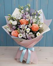 Букет цветов из:  Лизиантусы, Розы, Альстромерии и Гипсофила в село Овощи