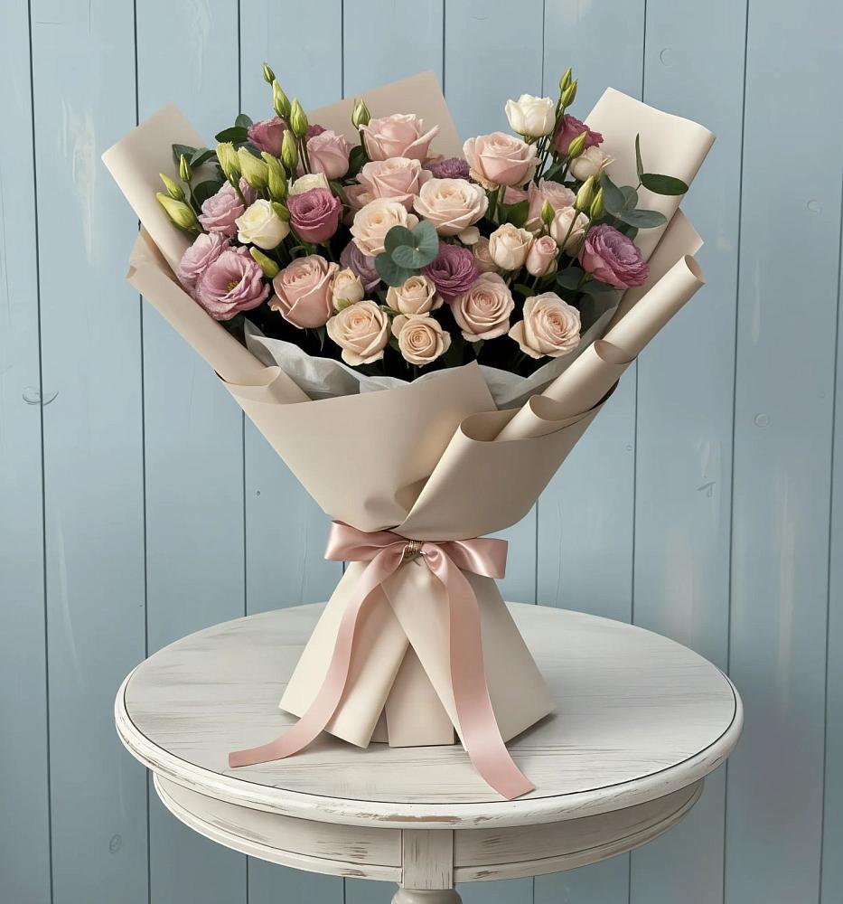 Букет цветов из: Розы и Лизиантусы в село Овощи