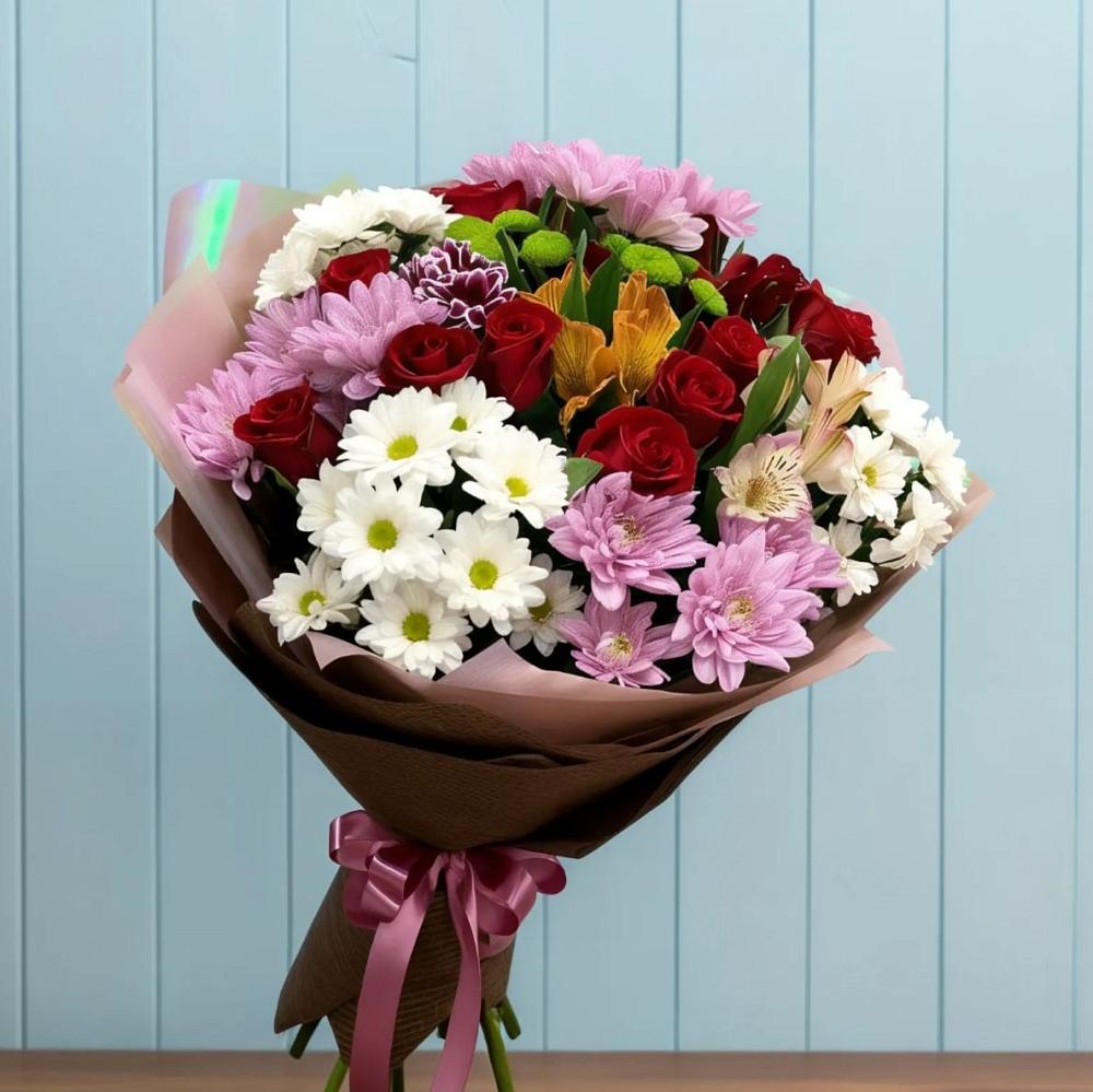 Букет цветов из: Розы, Хризантемы и Альстромерии в село Овощи