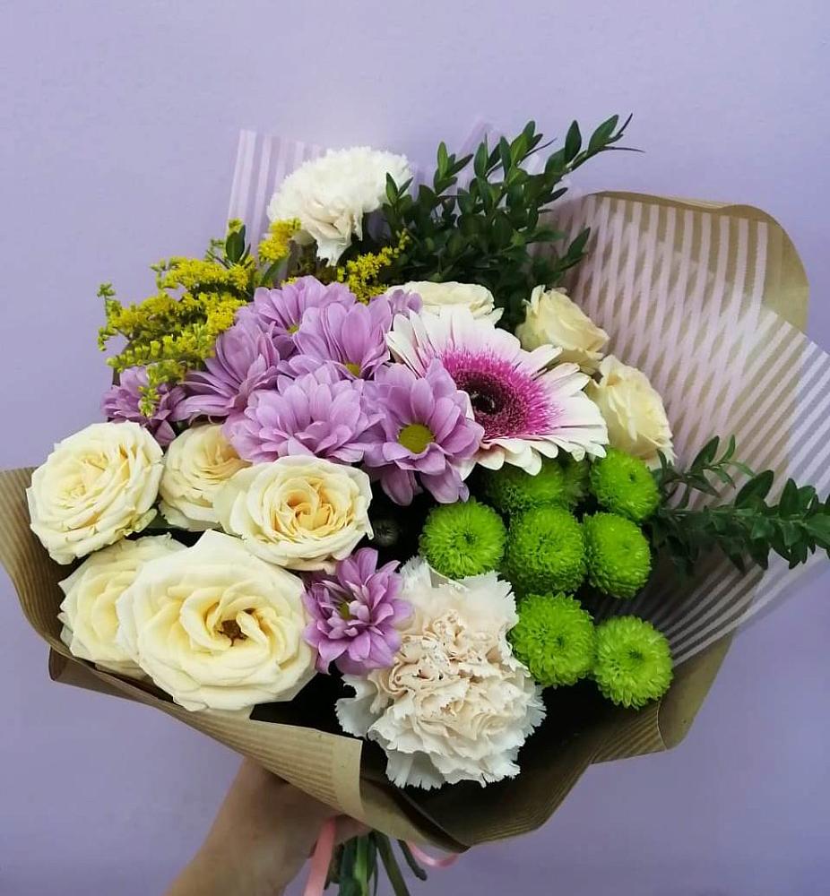 Букет цветов из: Хризантемы, Розы, Гвоздики и Герберы в село Овощи