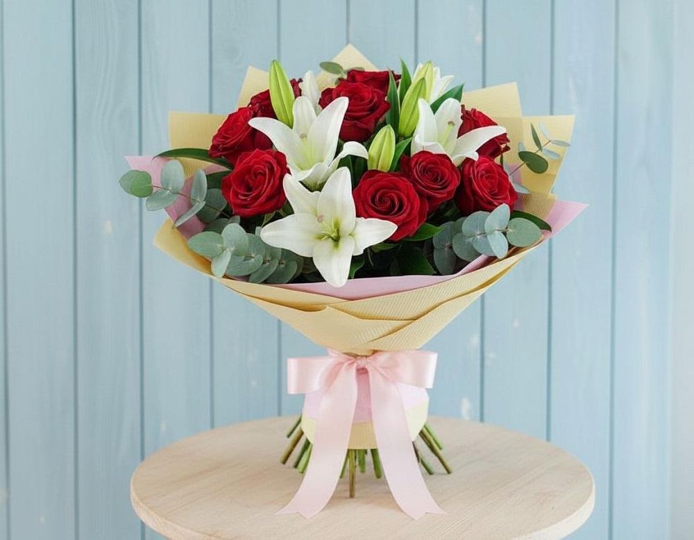 Букет цветов из: Лилии и Розы в село Овощи