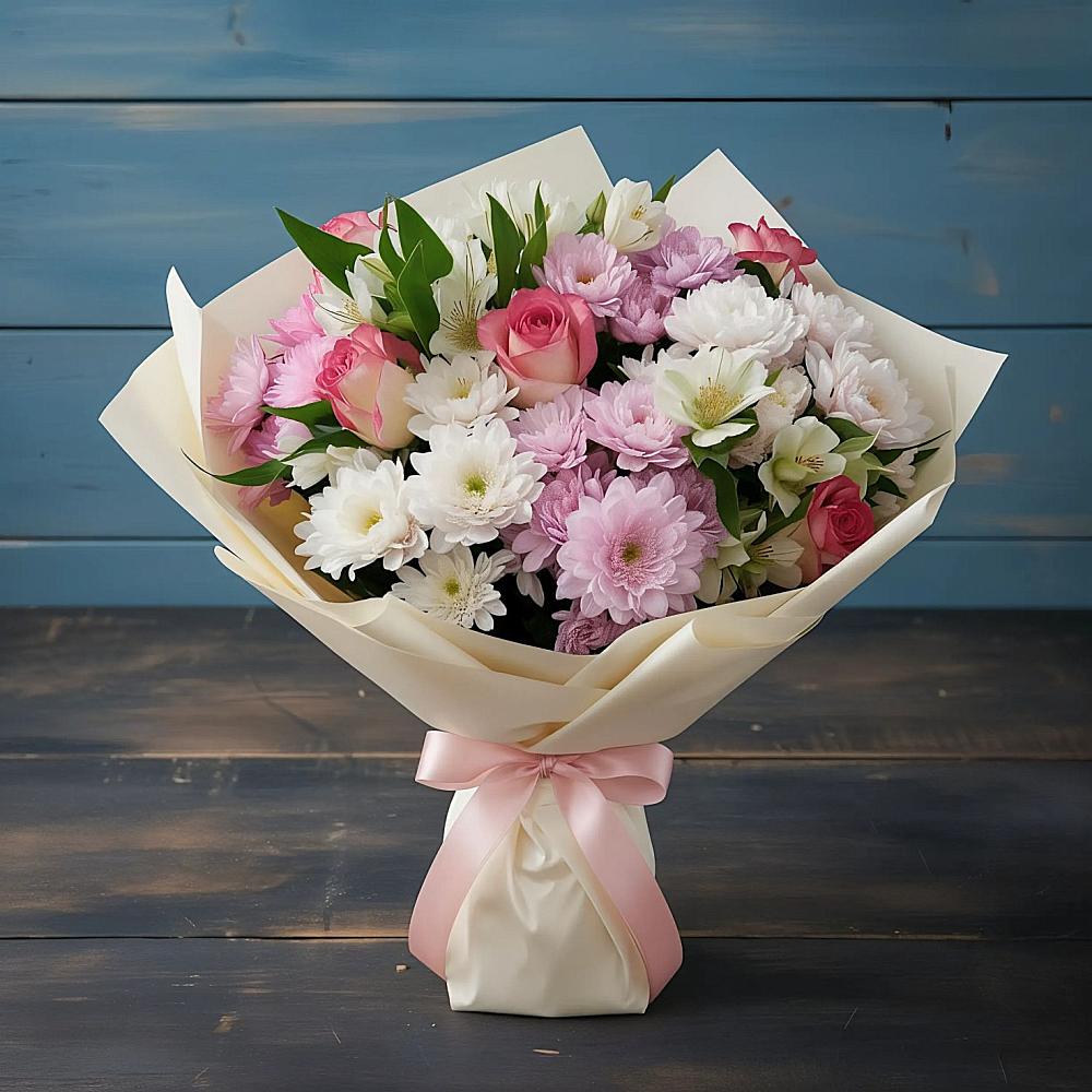 Букет цветов из: Хризантемы, Альстромерии и Розы в село Овощи